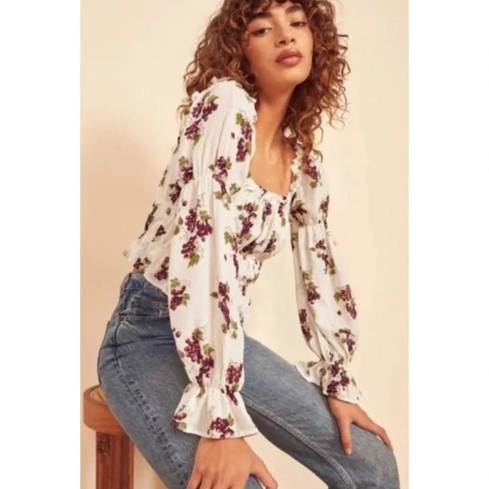 Reformation Blouse Women‎ S White Purple Grape Floral Peasant Puff Sleeve Top